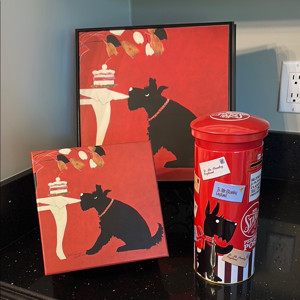 BUNDLE/3 Red & Black Dog Tricks Framed Art Box Tin Decor Terrier Schnauzer